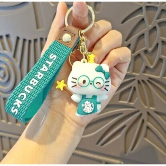 Starbucks Hello Kitty Barista Keychain Green Apron Sanrio Collab Strap Charm - Picture 1 of 6